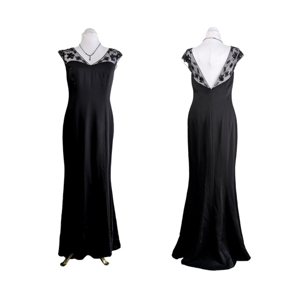 Maxi Dress Evening Gown Satin Sheer Beaded Mermaid Prom Formal Beaded Black 10 - Picture 1 of 11